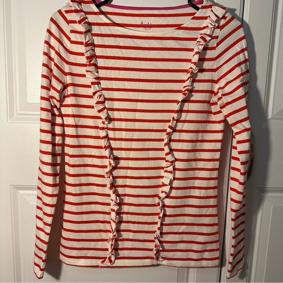 Boden women’s size 2 white orange striped long sleeve tee with ruffle detail - Picture 1 of 5